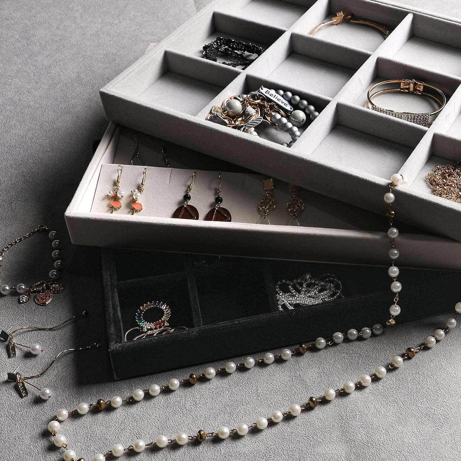 Frebeauty Stackable Velvet Jewelry Organizer Trays for Drawers Inserts Jewelry Storage Tray Display Case, Stud Earrings Bracelets Necklace Rings Accessories Trays - 6