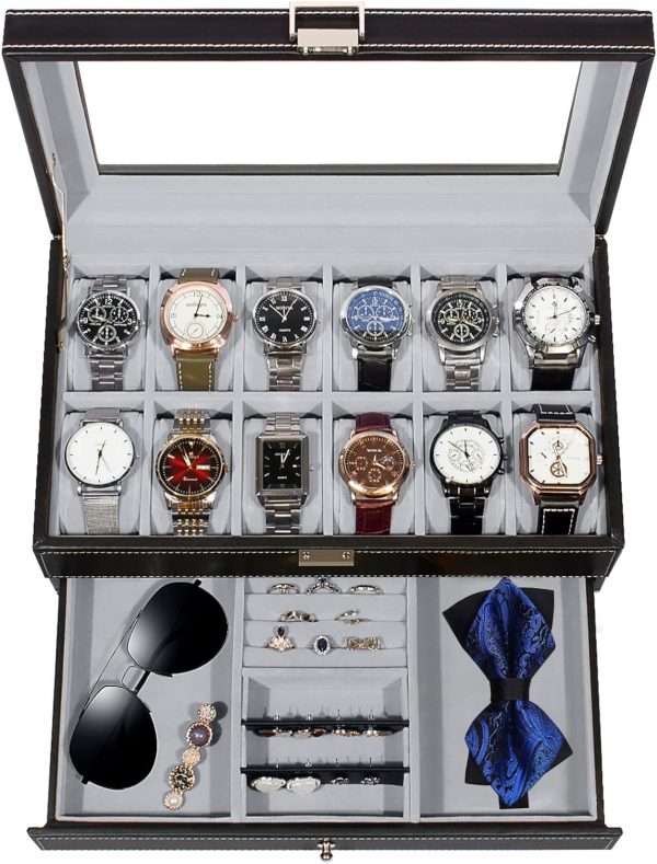 GUKA Watch Box 12 Slot Watch Display Organizer Leather Jewelry Case Drawer Glass Birthday for Men Women, Child Husband Dad - 1