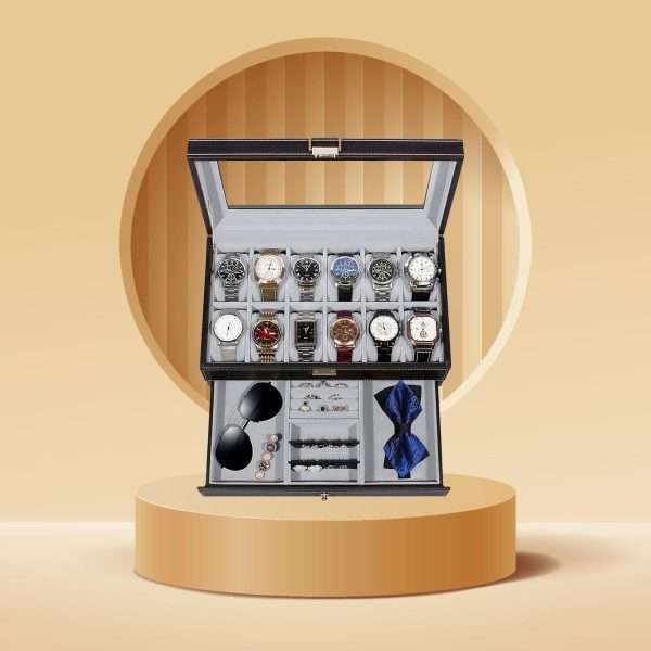 GUKA Watch Box 12 Slot Watch Display Organizer Leather Jewelry Case Drawer Glass Birthday for Men Women, Child Husband Dad - 2