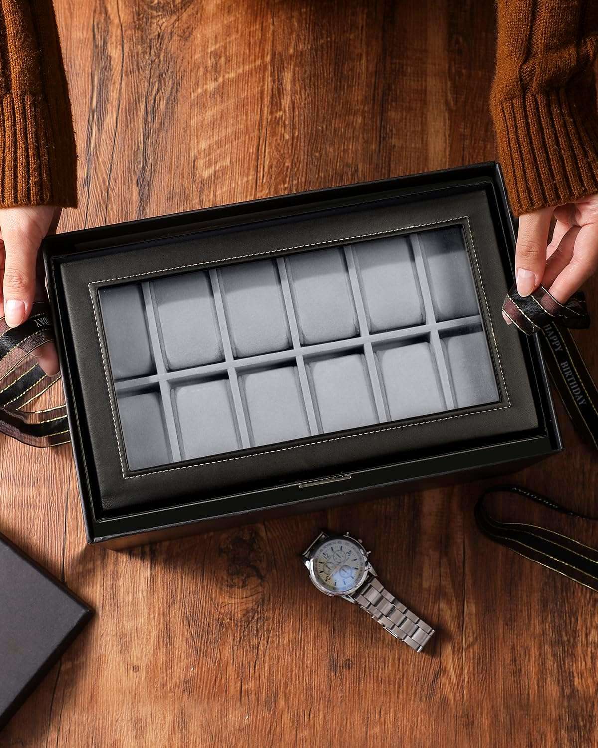 GUKA Watch Box 12 Slot Watch Display Organizer Leather Jewelry Case Drawer Glass Birthday for Men Women, Child Husband Dad - 3