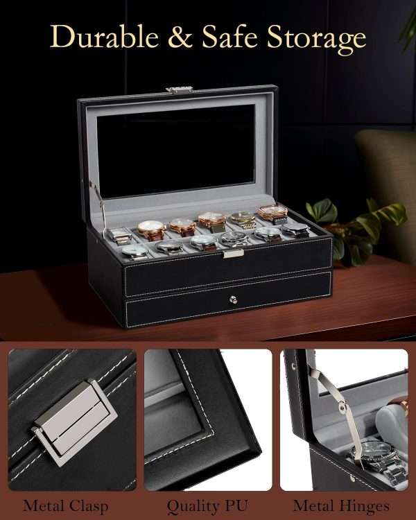 GUKA Watch Box 12 Slot Watch Display Organizer Leather Jewelry Case Drawer Glass Birthday for Men Women, Child Husband Dad - 4