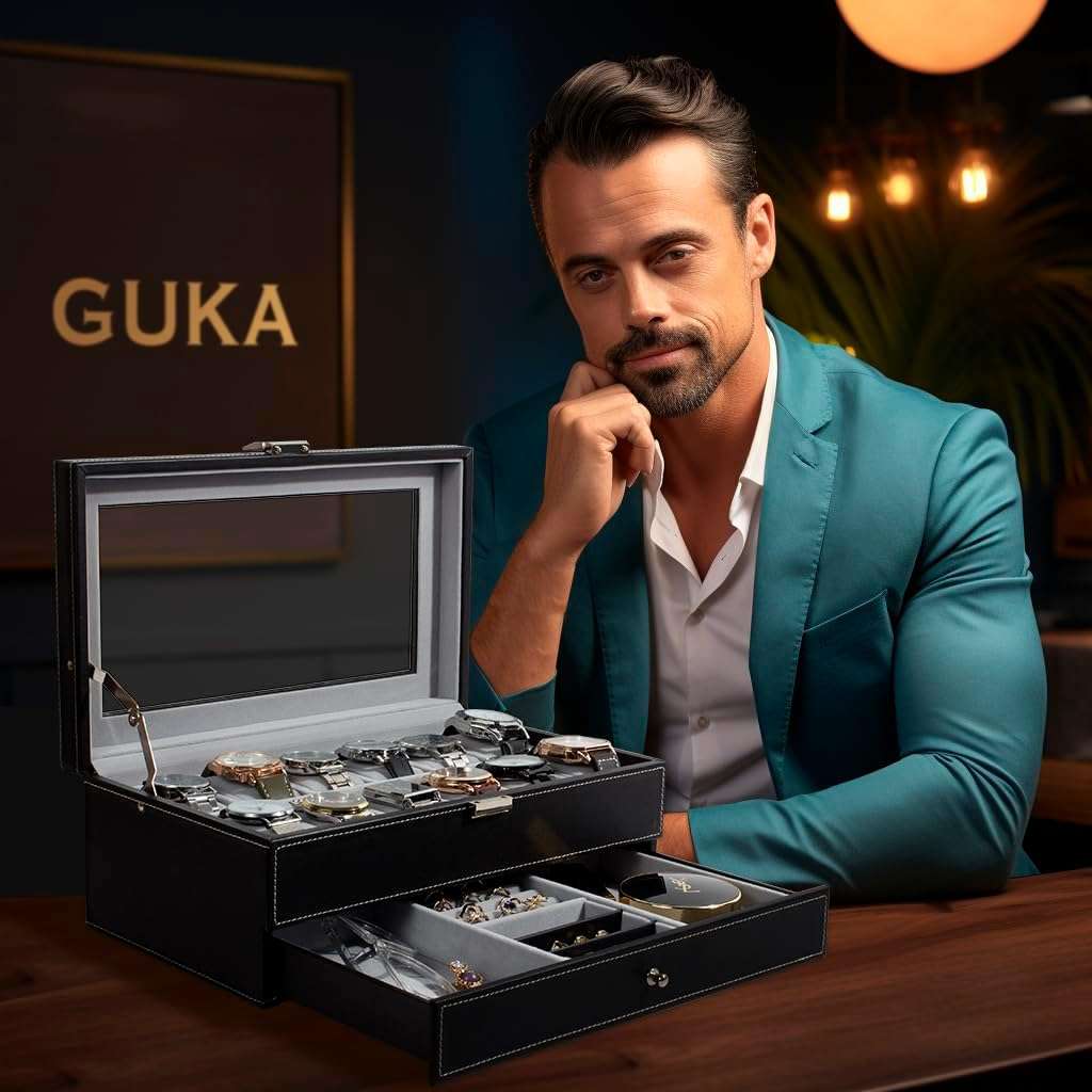 GUKA Watch Box 12 Slot Watch Display Organizer Leather Jewelry Case Drawer Glass Birthday for Men Women, Child Husband Dad - 6