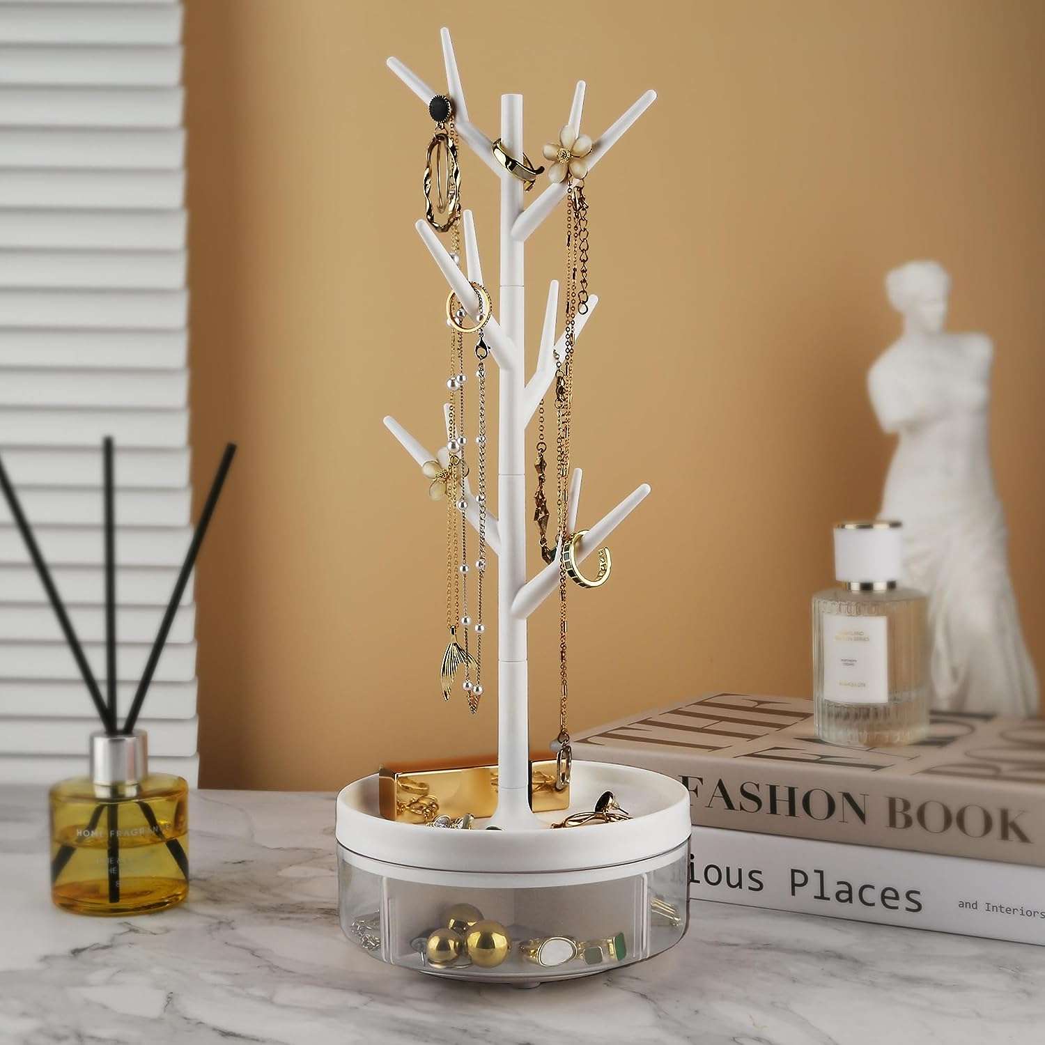 Half Room Branch Jewelry Rack With Rotatable Base and Storage Box Tree Tower Rack Hanging Organizer for Ring Earrings Necklace Bracelet,Suitable - 2