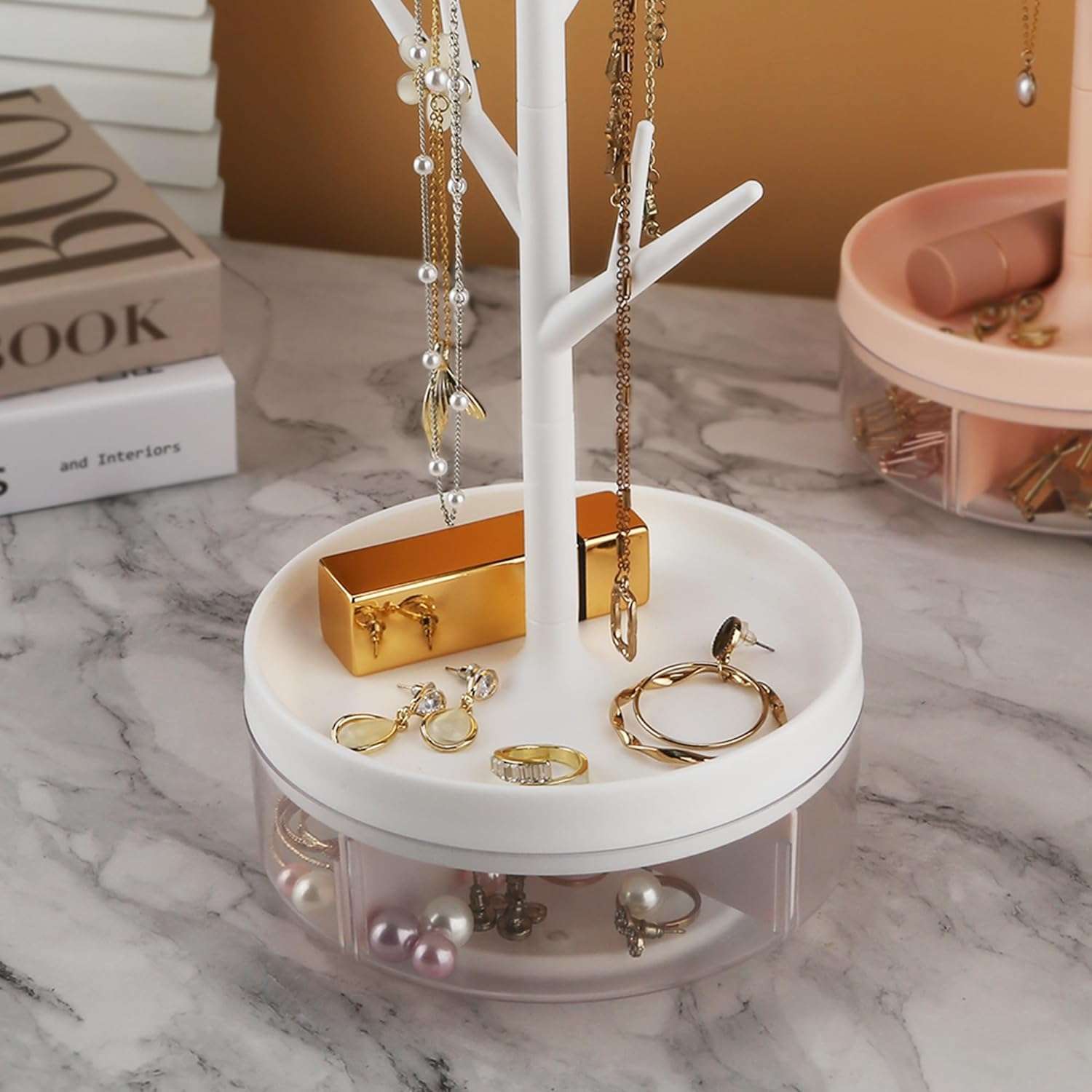 Half Room Branch Jewelry Rack With Rotatable Base and Storage Box Tree Tower Rack Hanging Organizer for Ring Earrings Necklace Bracelet,Suitable - 3
