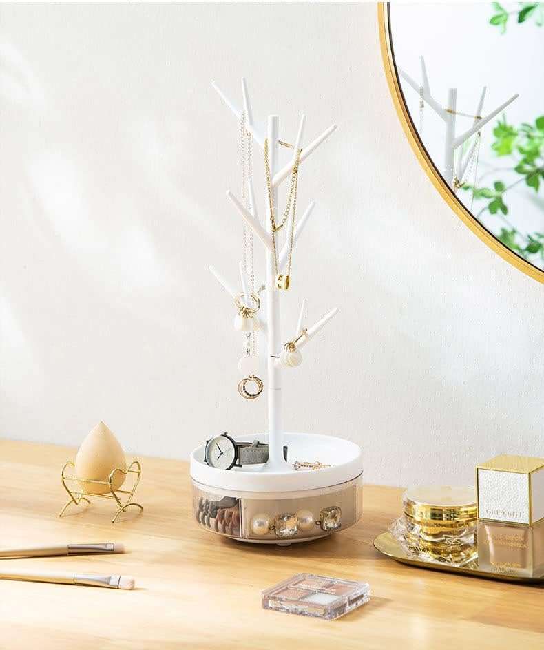 Half Room Branch Jewelry Rack With Rotatable Base and Storage Box Tree Tower Rack Hanging Organizer for Ring Earrings Necklace Bracelet,Suitable - 4