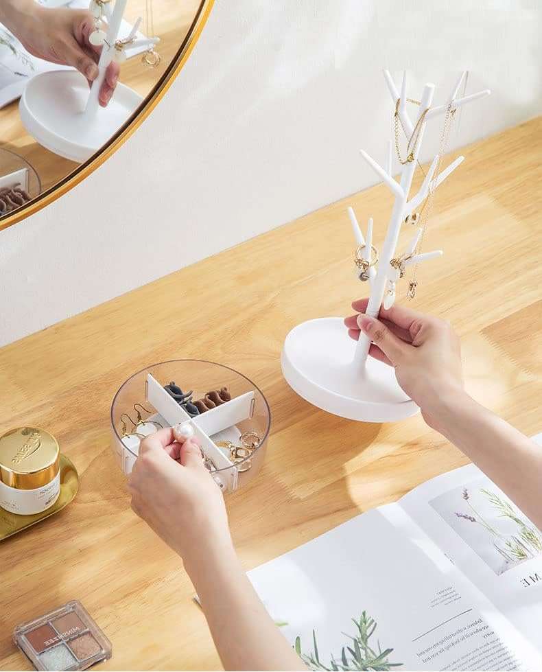 Half Room Branch Jewelry Rack With Rotatable Base and Storage Box Tree Tower Rack Hanging Organizer for Ring Earrings Necklace Bracelet,Suitable - 5