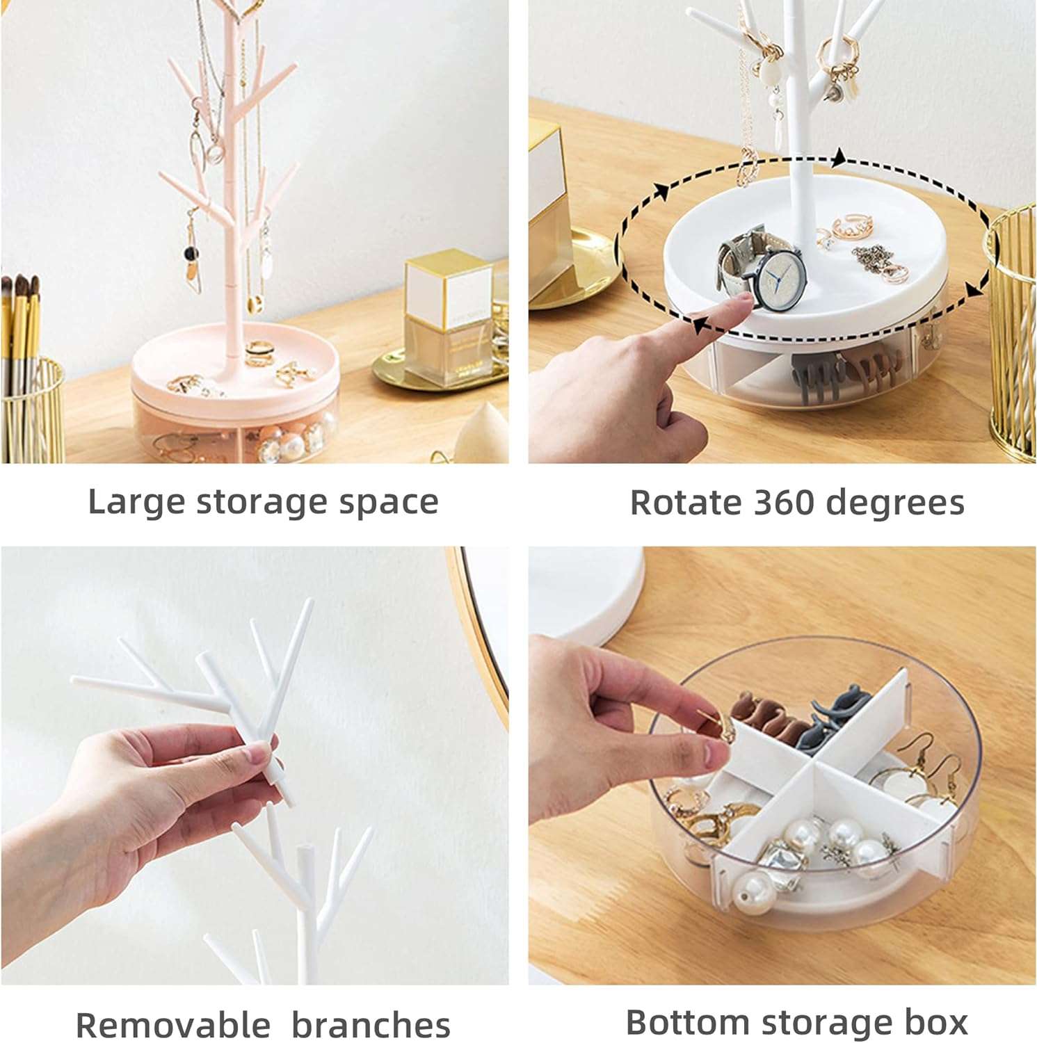 Half Room Branch Jewelry Rack With Rotatable Base and Storage Box Tree Tower Rack Hanging Organizer for Ring Earrings Necklace Bracelet,Suitable - 6
