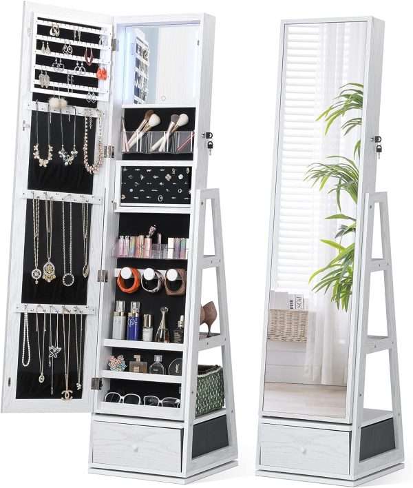 Nicetree 360° Swivel Jewelry Cabinet with Lights, Touch Screen Vanity Mirror, Rotatable Full Length Mirror with Jewelry Storage, Standing Jewelry Armoire Organizer - 1