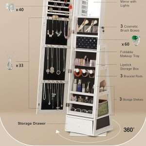 Nicetree 360° Swivel Jewelry Cabinet with Lights, Touch Screen Vanity Mirror, Rotatable Full Length Mirror with Jewelry Storage, Standing Jewelry Armoire Organizer - 4