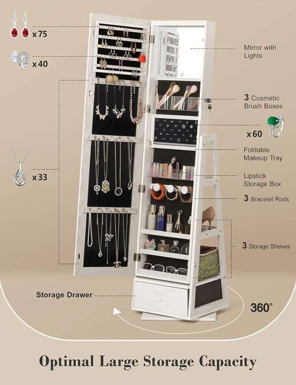 Nicetree 360° Swivel Jewelry Cabinet with Lights, Touch Screen Vanity Mirror, Rotatable Full Length Mirror with Jewelry Storage, Standing Jewelry Armoire Organizer - 4