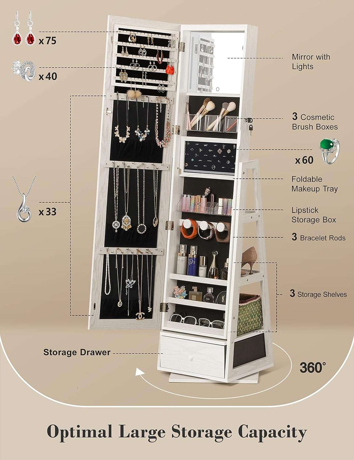Nicetree 360° Swivel Jewelry Cabinet with Lights, Touch Screen Vanity Mirror, Rotatable Full Length Mirror with Jewelry Storage, Standing Jewelry Armoire Organizer - 4