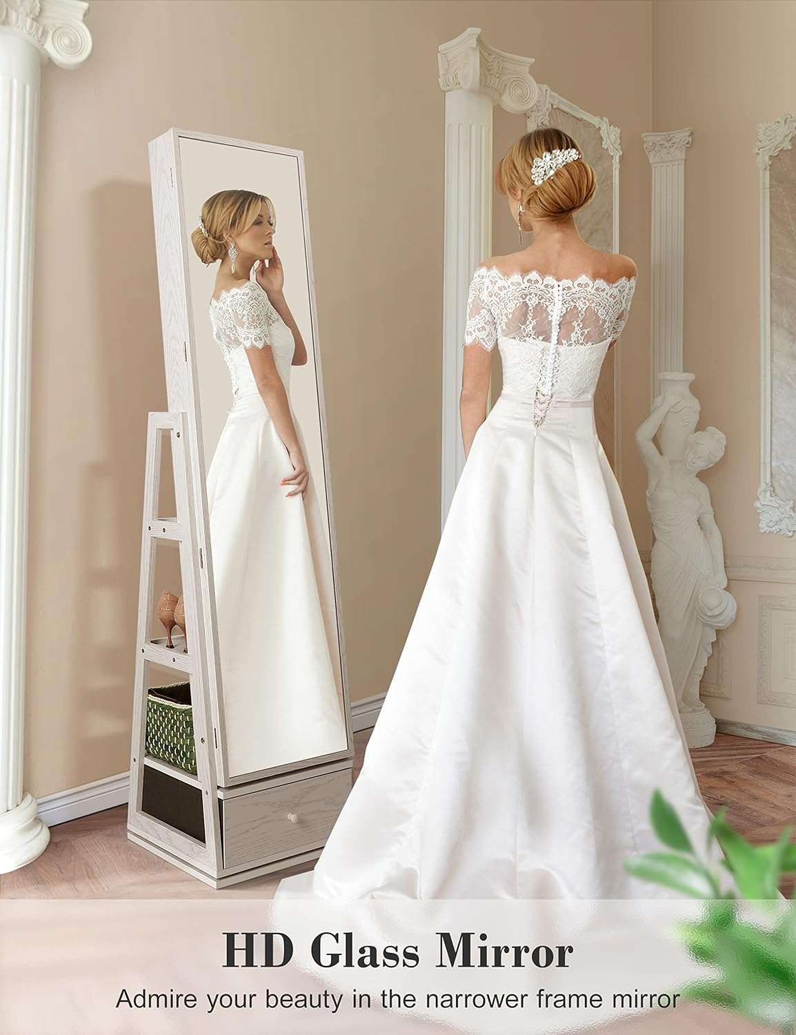 Nicetree 360° Swivel Jewelry Cabinet with Lights, Touch Screen Vanity Mirror, Rotatable Full Length Mirror with Jewelry Storage, Standing Jewelry Armoire Organizer - 6