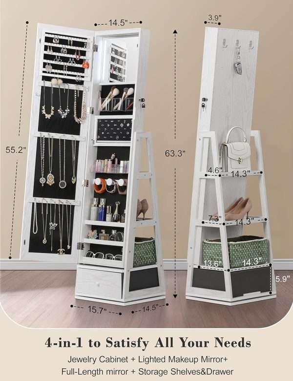 Nicetree 360° Swivel Jewelry Cabinet with Lights, Touch Screen Vanity Mirror, Rotatable Full Length Mirror with Jewelry Storage, Standing Jewelry Armoire Organizer - 7