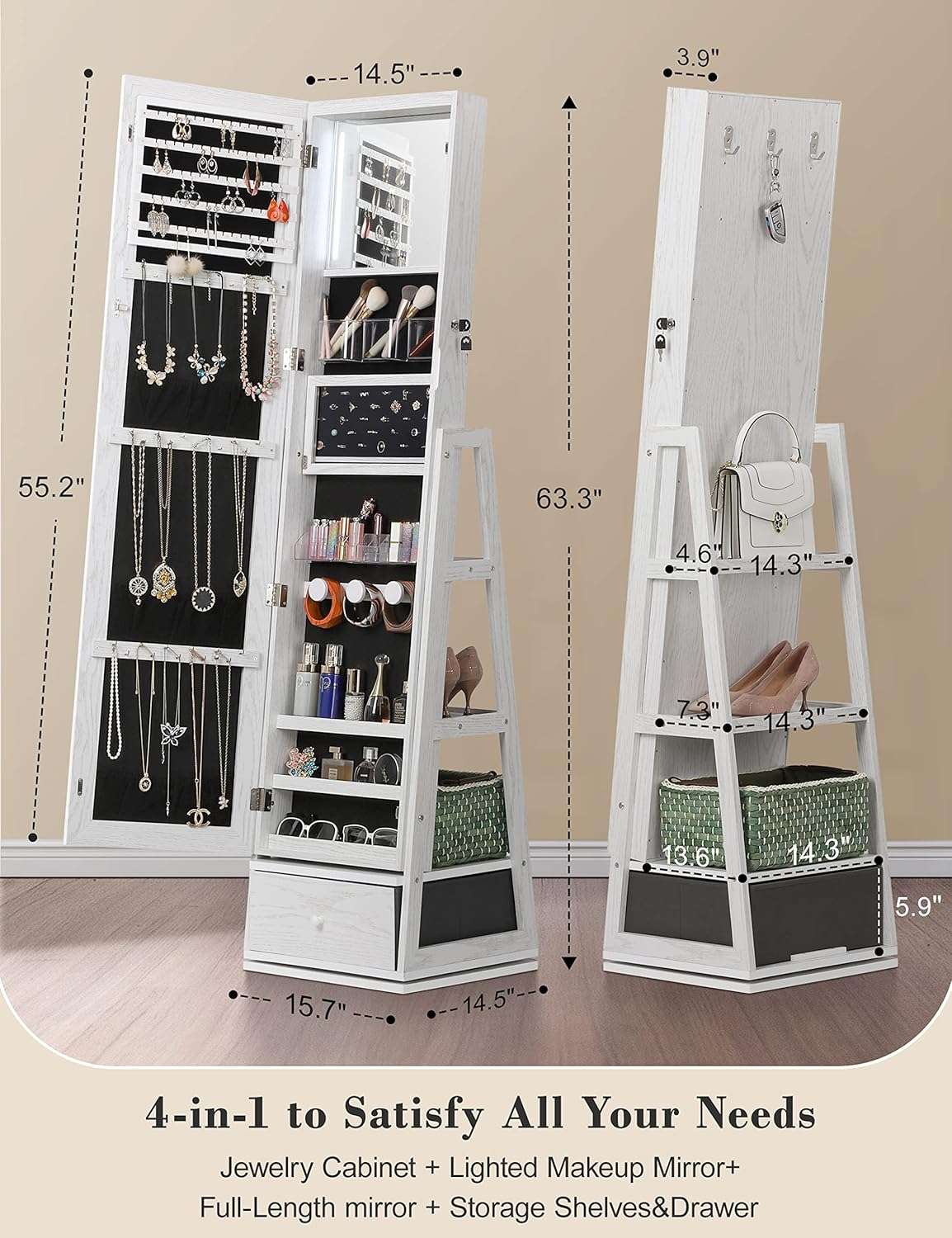 Nicetree 360° Swivel Jewelry Cabinet with Lights, Touch Screen Vanity Mirror, Rotatable Full Length Mirror with Jewelry Storage, Standing Jewelry Armoire Organizer - 7