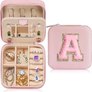 Parima Personalized Jewelry Holder & Organizer Case - Pink Travel Jewelry Box With A Initial - Birthday Gifts for Women & Girls - Travel Essentials - 1