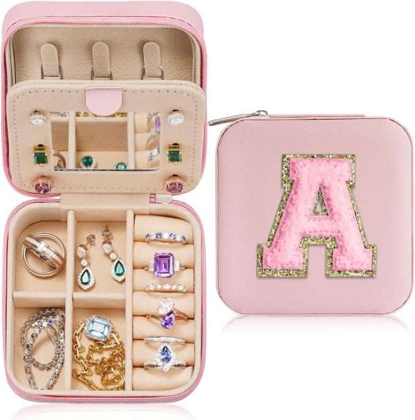 Parima Personalized Jewelry Holder & Organizer Case - Pink Travel Jewelry Box With A Initial - Birthday Gifts for Women & Girls - Travel Essentials - 1