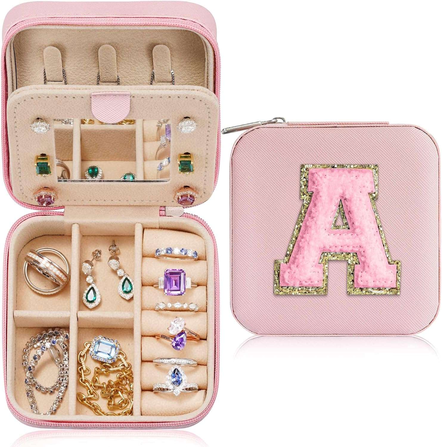 Parima Personalized Jewelry Holder & Organizer Case - Pink Travel Jewelry Box With A Initial - Birthday Gifts for Women & Girls - Travel Essentials - 1