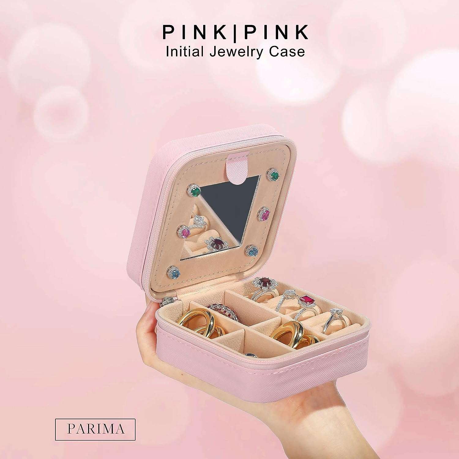 Parima Personalized Jewelry Holder & Organizer Case - Pink Travel Jewelry Box With A Initial - Birthday Gifts for Women & Girls - Travel Essentials - 2