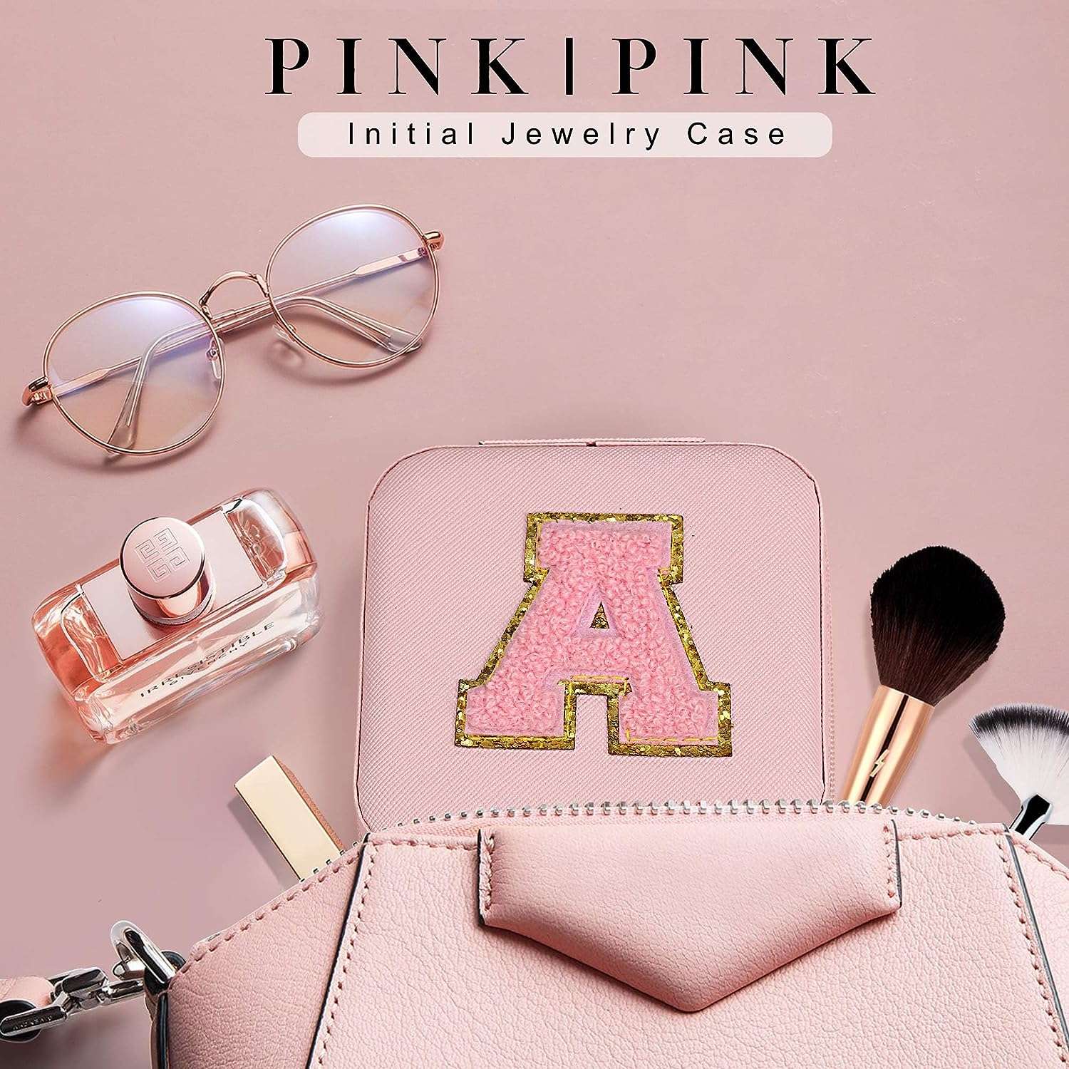 Parima Personalized Jewelry Holder & Organizer Case - Pink Travel Jewelry Box With A Initial - Birthday Gifts for Women & Girls - Travel Essentials - 5