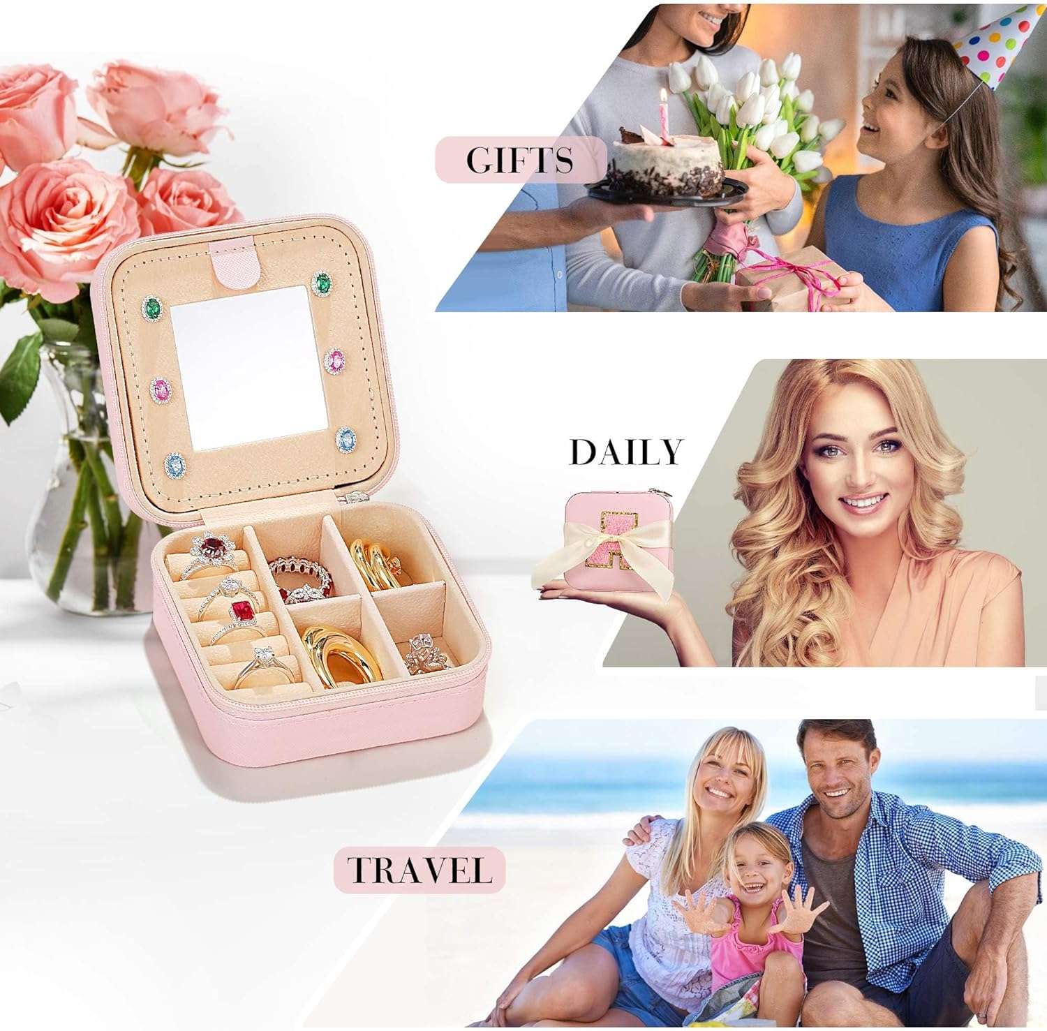 Parima Personalized Jewelry Holder & Organizer Case - Pink Travel Jewelry Box With A Initial - Birthday Gifts for Women & Girls - Travel Essentials - 6