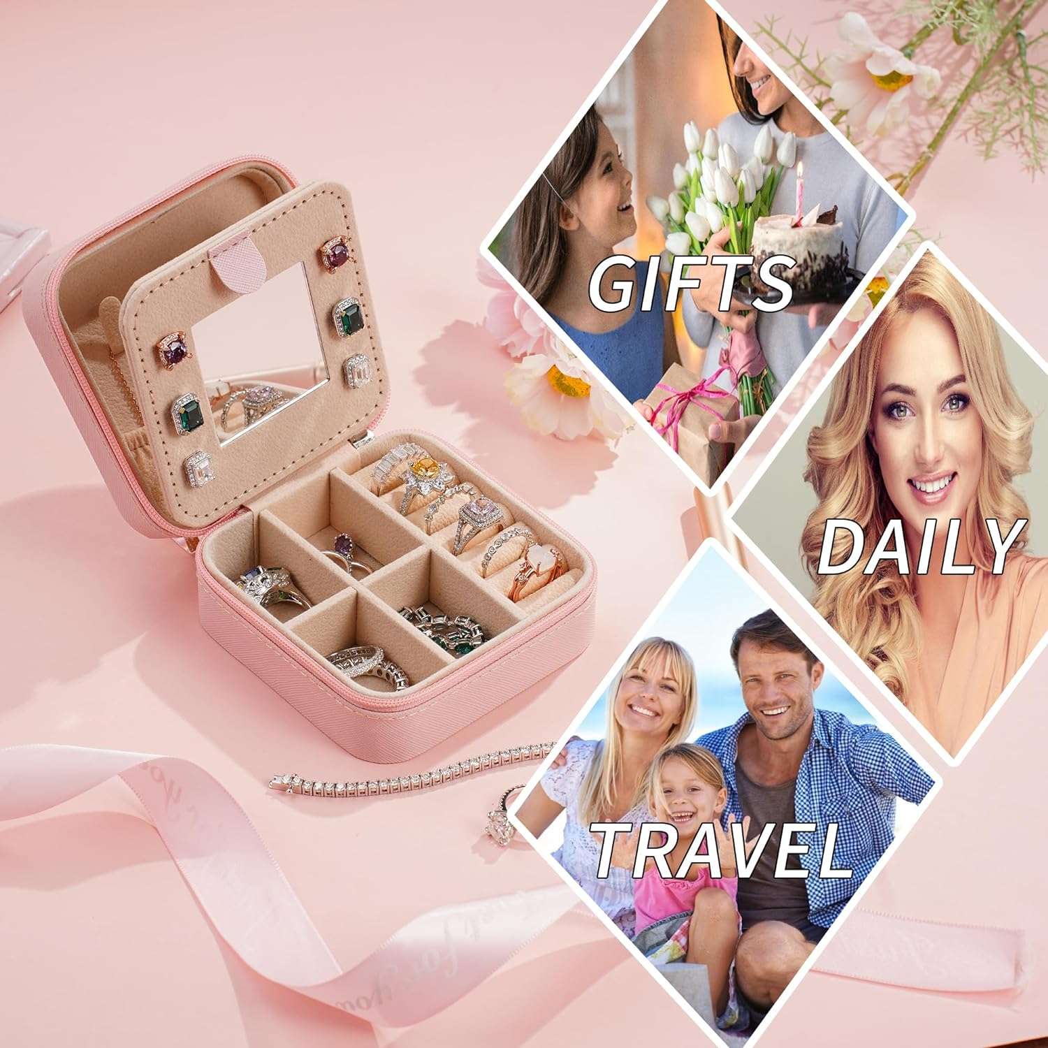 Parima Valentines Day Gifts for Her - Trendy Travel Jewelry Case, Personalized Gifts - Pink Travel Jewelry Box - Birthday Gifts for Women Valentines Day Gifts for Teens Girls - Travel Jewelry Case - 7