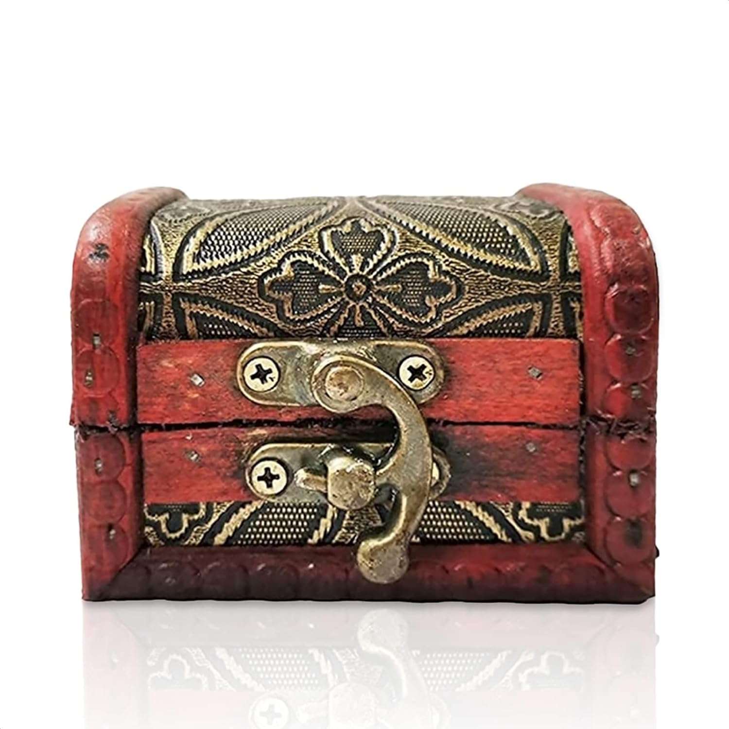 Pirate Treasure Chest Box for Valentine's Gift - Wooden Box with Hinged Lid Valentines Jewelry Pirate Chest Storage Box Vintage Decor (3.2x2.4x2.4 in) - 1