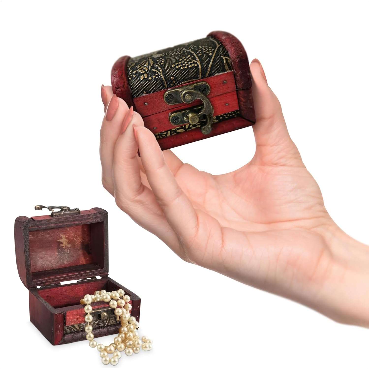 Pirate Treasure Chest Box for Valentine's Gift - Wooden Box with Hinged Lid Valentines Jewelry Pirate Chest Storage Box Vintage Decor (3.2x2.4x2.4 in) - 2