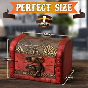 Pirate Treasure Chest Box for Valentine's Gift - Wooden Box with Hinged Lid Valentines Jewelry Pirate Chest Storage Box Vintage Decor (3.2x2.4x2.4 in) - 3