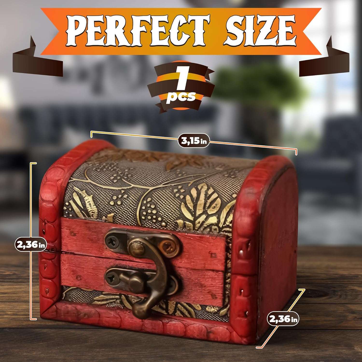 Pirate Treasure Chest Box for Valentine's Gift - Wooden Box with Hinged Lid Valentines Jewelry Pirate Chest Storage Box Vintage Decor (3.2x2.4x2.4 in) - 3