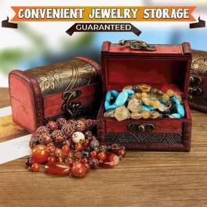 Pirate Treasure Chest Box for Valentine's Gift - Wooden Box with Hinged Lid Valentines Jewelry Pirate Chest Storage Box Vintage Decor (3.2x2.4x2.4 in) - 7