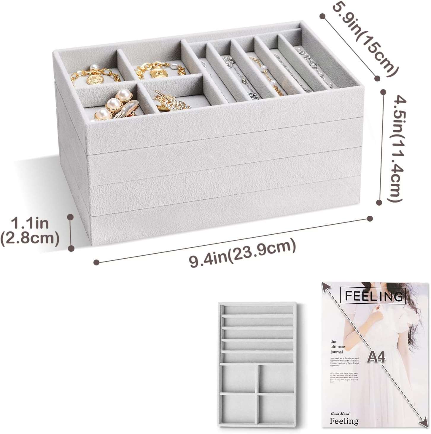 ProCase Set of 4 Stackable Jewelry Organizer Trays for Drawers, Jewelry Drawer Inserts Container Display Case Storage for Earring Necklace Rings Bracelet - 2