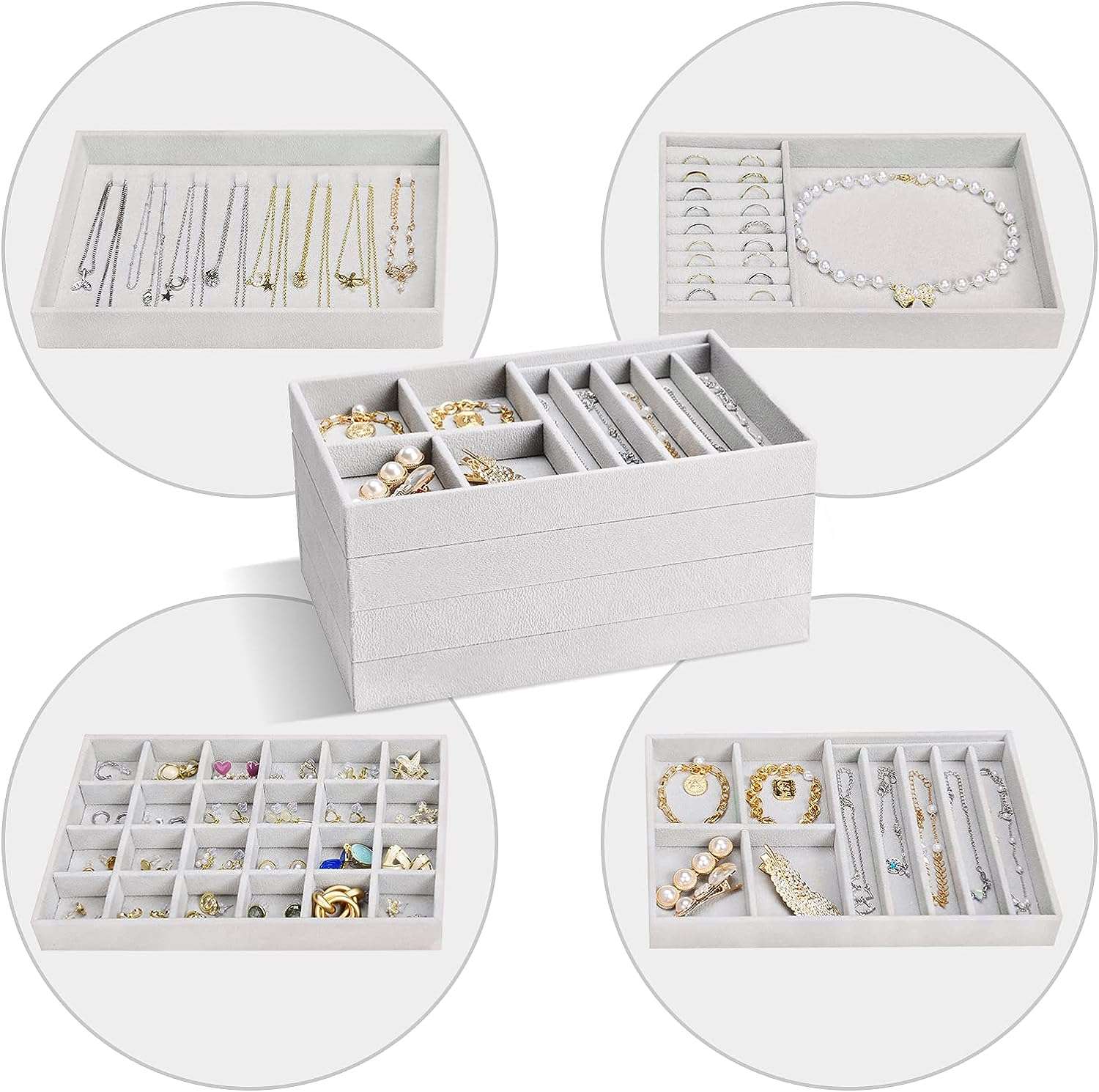ProCase Set of 4 Stackable Jewelry Organizer Trays for Drawers, Jewelry Drawer Inserts Container Display Case Storage for Earring Necklace Rings Bracelet - 4