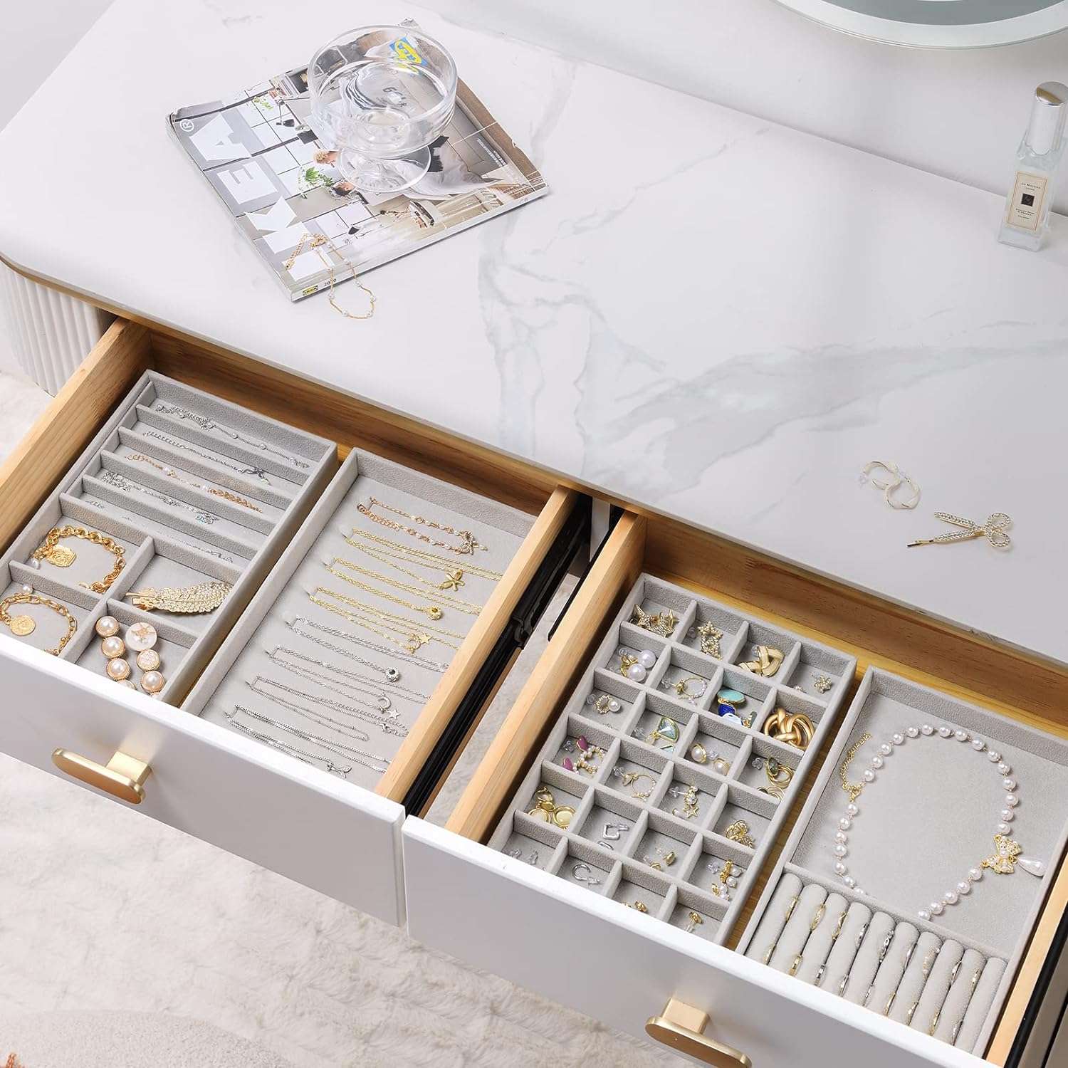 ProCase Set of 4 Stackable Jewelry Organizer Trays for Drawers, Jewelry Drawer Inserts Container Display Case Storage for Earring Necklace Rings Bracelet - 6