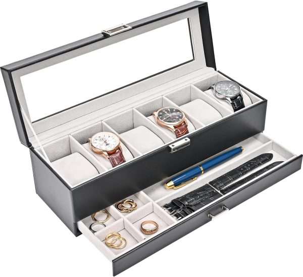 ProCase Watch Box Organizer for Men, 6 Slot Watch Display Case with Drawer, Valentines Gift Mens Watch Holder Watch Case for Men, 6 Watch Box - 1