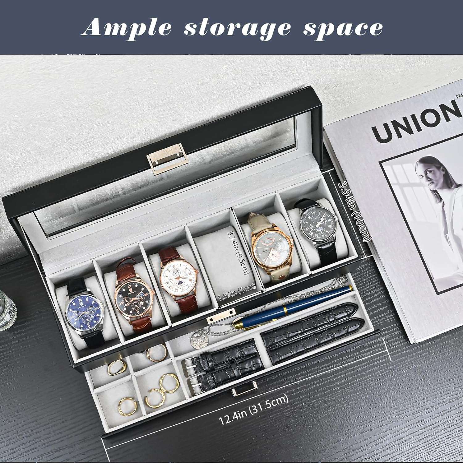 ProCase Watch Box Organizer for Men, 6 Slot Watch Display Case with Drawer, Valentines Gift Mens Watch Holder Watch Case for Men, 6 Watch Box - 2