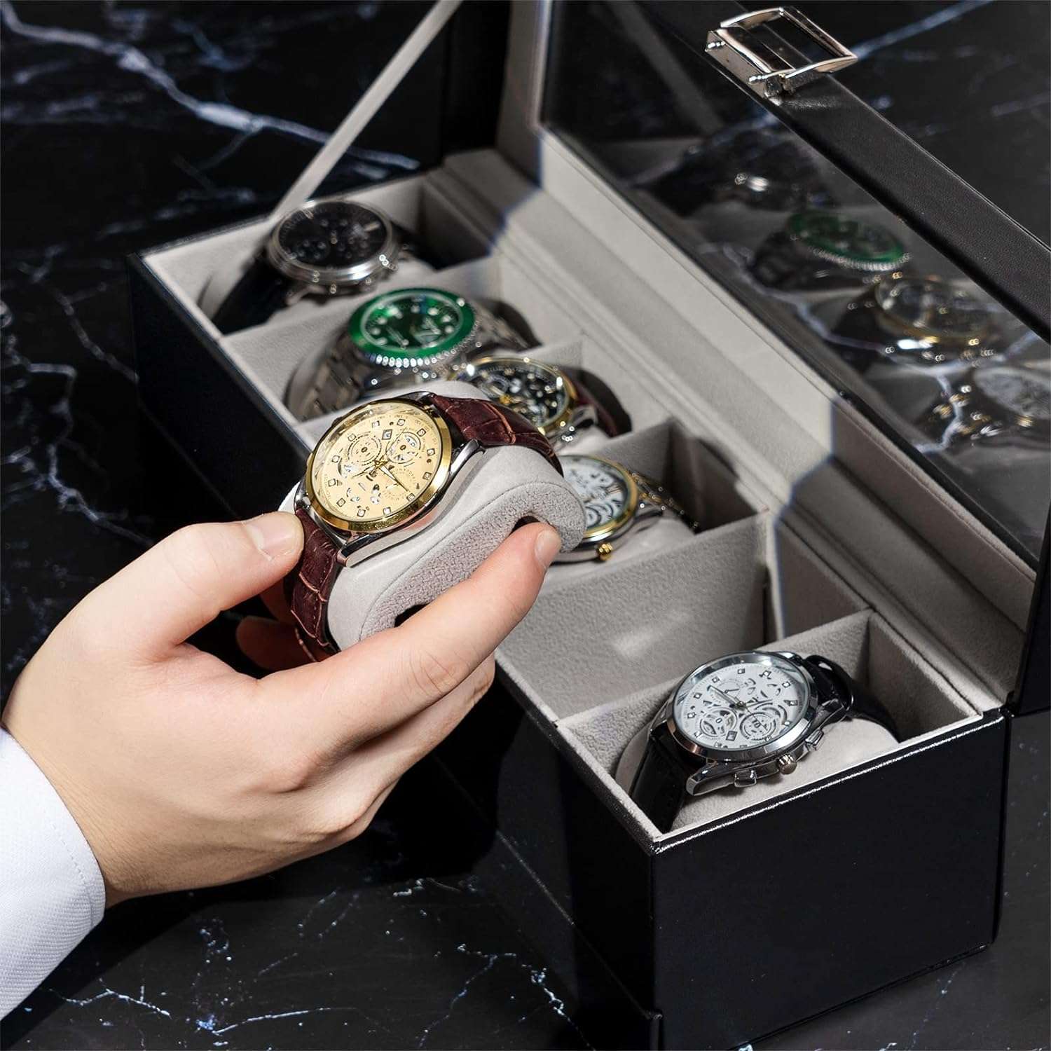 ProCase Watch Box Organizer for Men, 6 Slot Watch Display Case with Drawer, Valentines Gift Mens Watch Holder Watch Case for Men, 6 Watch Box - 4