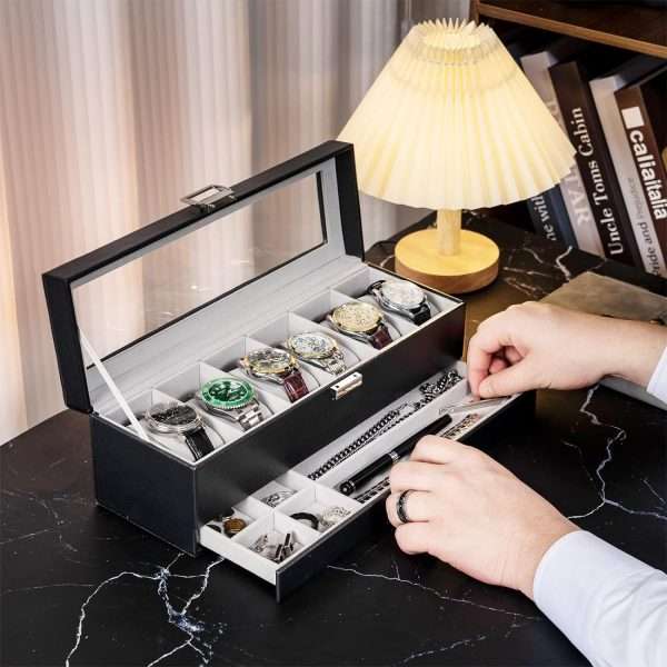 ProCase Watch Box Organizer for Men, 6 Slot Watch Display Case with Drawer, Valentines Gift Mens Watch Holder Watch Case for Men, 6 Watch Box - 5