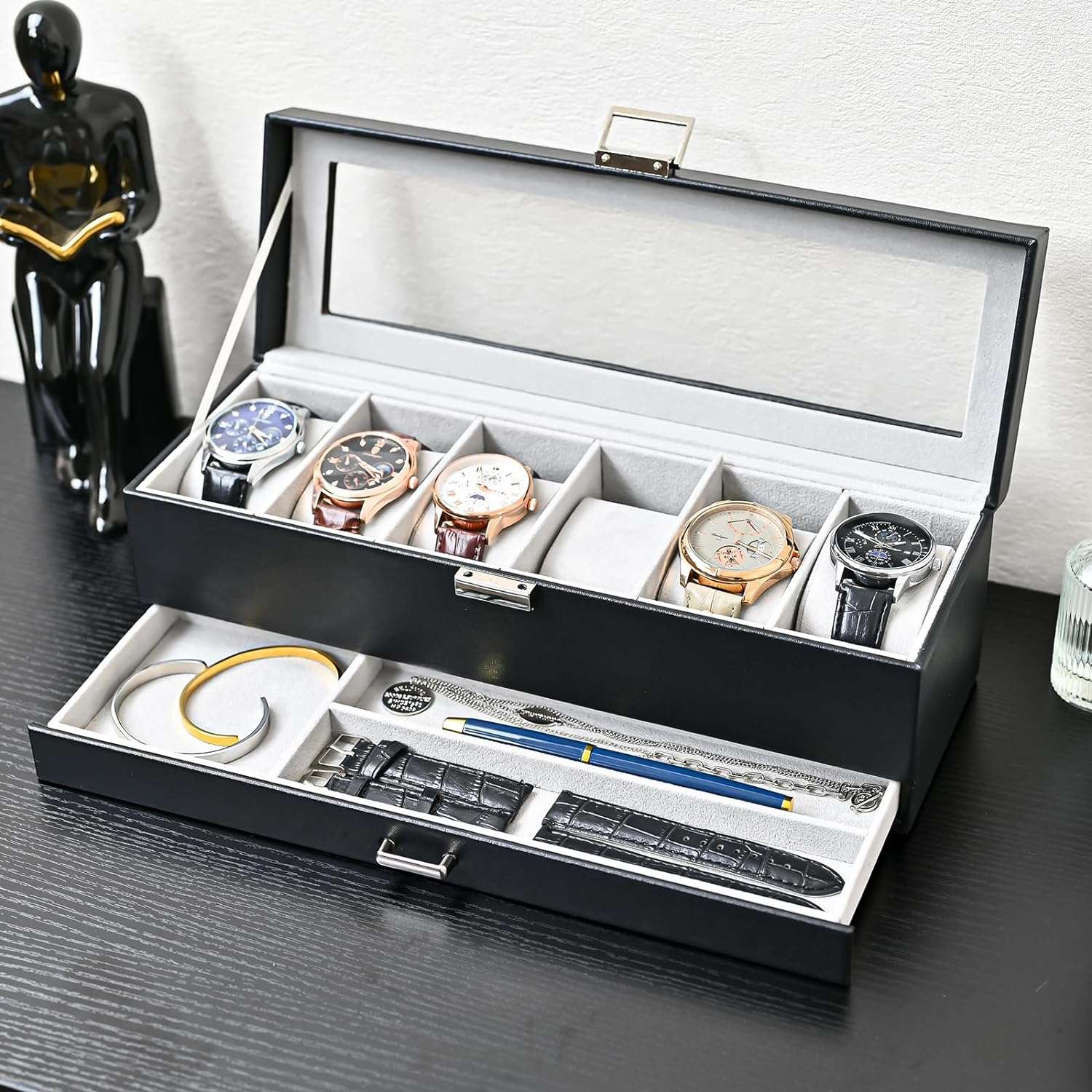 ProCase Watch Box Organizer for Men, 6 Slot Watch Display Case with Drawer, Valentines Gift Mens Watch Holder Watch Case for Men, 6 Watch Box - 8