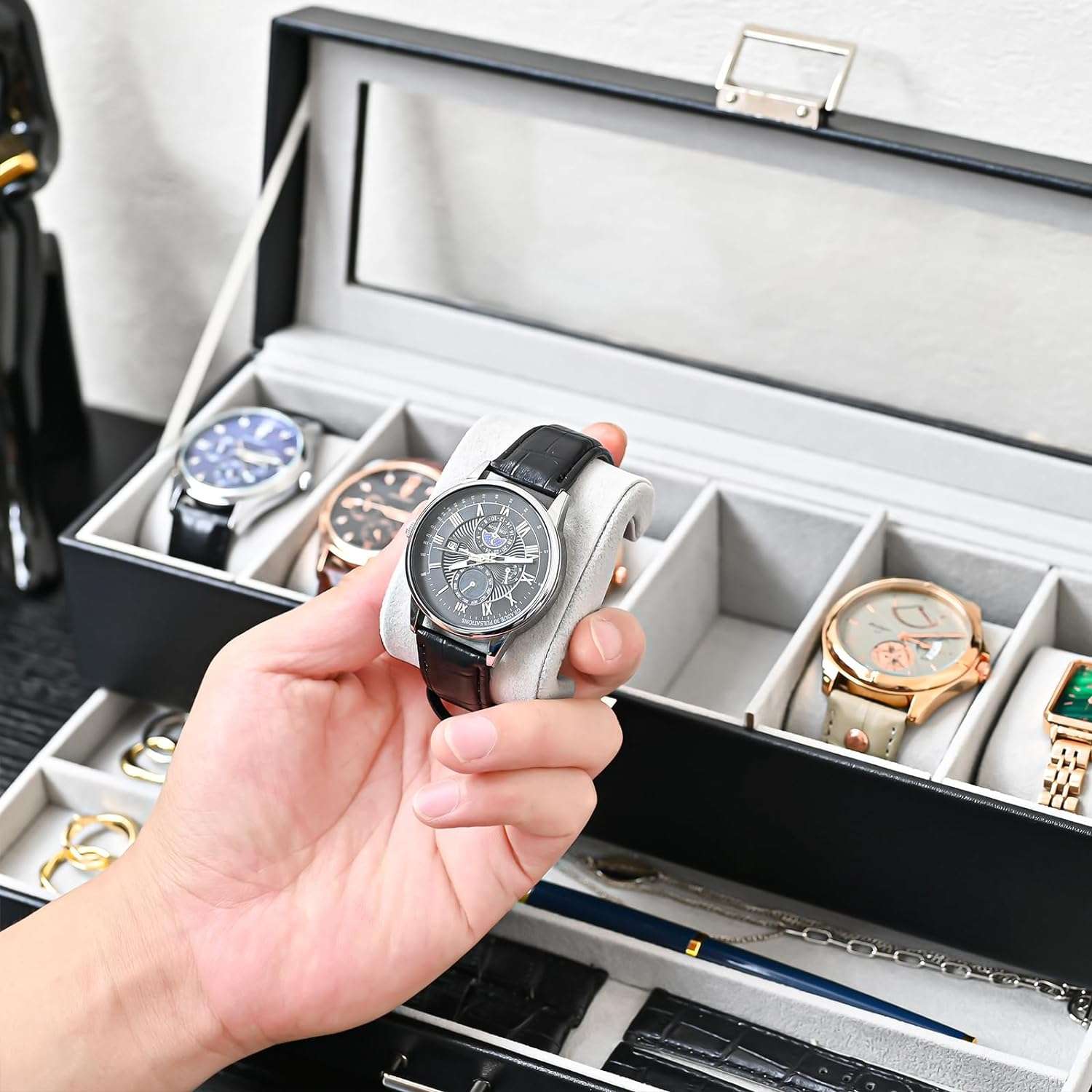 ProCase Watch Box Organizer for Men, 6 Slot Watch Display Case with Drawer, Valentines Gift Mens Watch Holder Watch Case for Men, 6 Watch Box - 9
