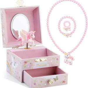 RR ROUND RICH DESIGN Kids Musical Jewelry Box for Girls with Drawer and Jewelry Set with Mysterious Unicorn - Over the Waves Tune Pink - 1