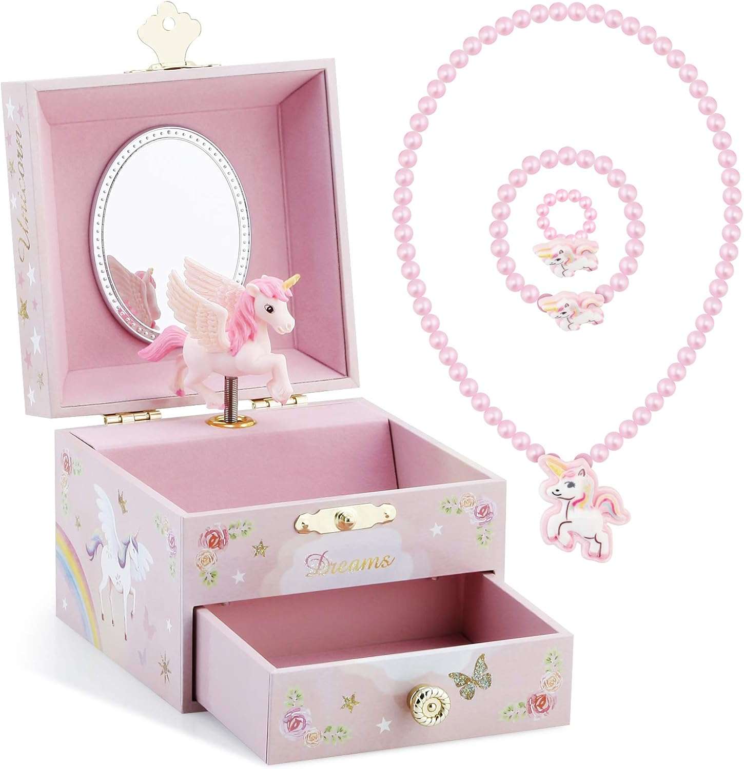 RR ROUND RICH DESIGN Kids Musical Jewelry Box for Girls with Drawer and Jewelry Set with Mysterious Unicorn - Over the Waves Tune Pink - 1