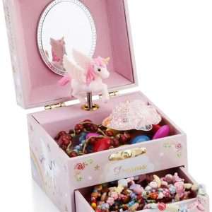 RR ROUND RICH DESIGN Kids Musical Jewelry Box for Girls with Drawer and Jewelry Set with Mysterious Unicorn - Over the Waves Tune Pink - 3