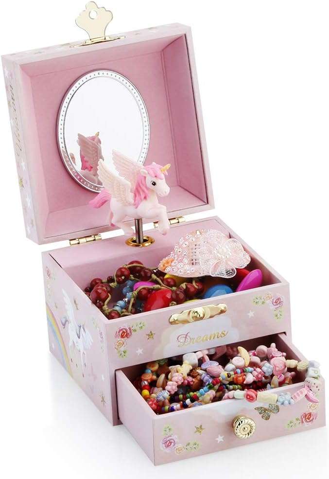 RR ROUND RICH DESIGN Kids Musical Jewelry Box for Girls with Drawer and Jewelry Set with Mysterious Unicorn - Over the Waves Tune Pink - 3
