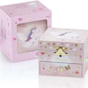 RR ROUND RICH DESIGN Kids Musical Jewelry Box for Girls with Drawer and Jewelry Set with Mysterious Unicorn - Over the Waves Tune Pink - 6