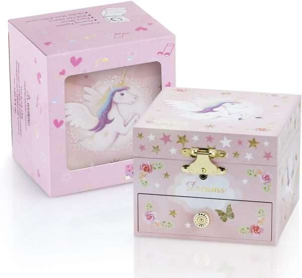 RR ROUND RICH DESIGN Kids Musical Jewelry Box for Girls with Drawer and Jewelry Set with Mysterious Unicorn - Over the Waves Tune Pink - 6
