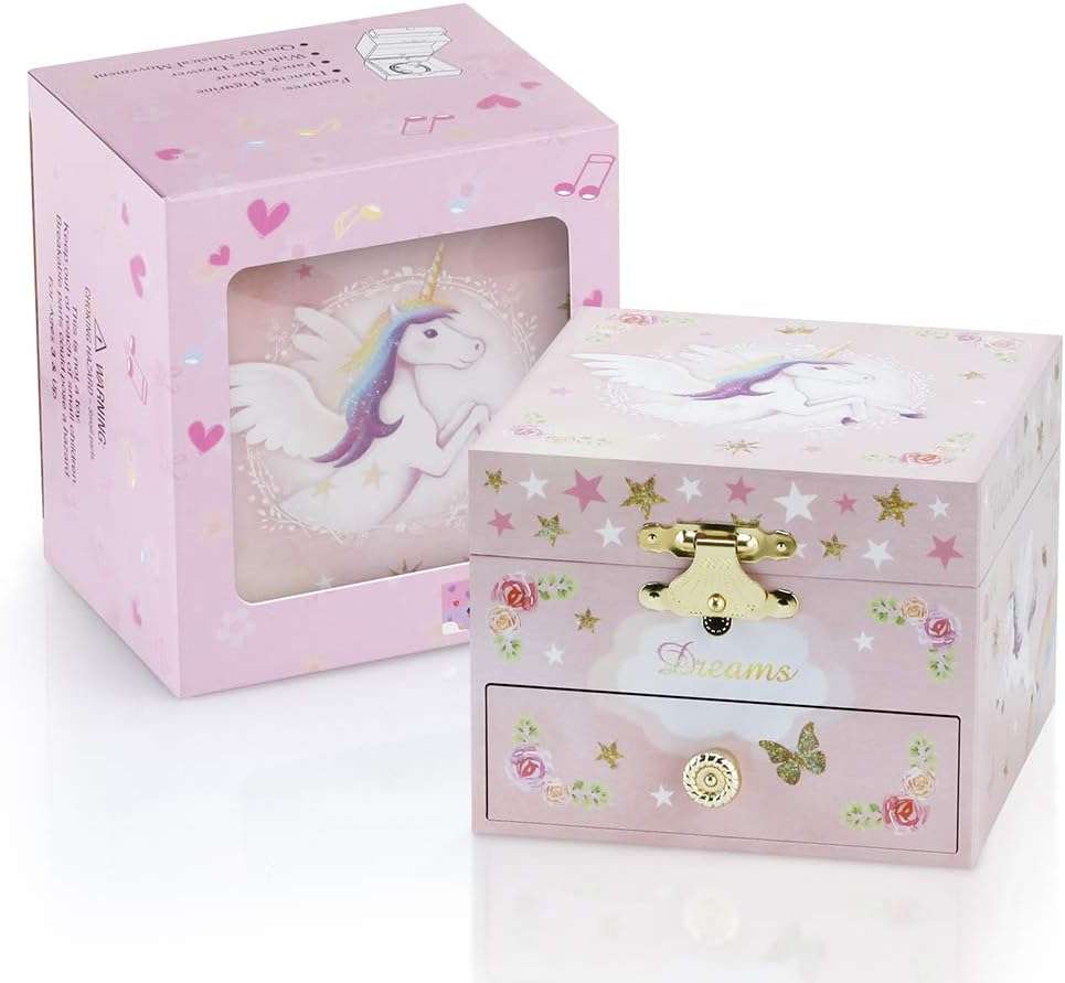 RR ROUND RICH DESIGN Kids Musical Jewelry Box for Girls with Drawer and Jewelry Set with Mysterious Unicorn - Over the Waves Tune Pink - 6