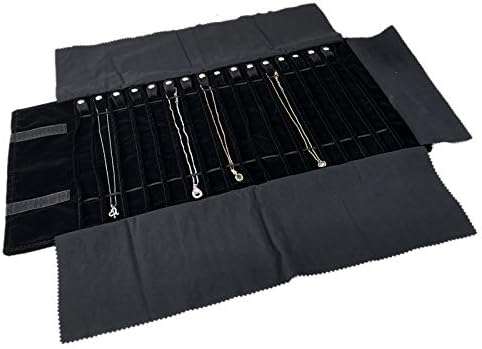 SCIKHEFT Portable Jewelry Roll Untangled Secure Necklace Travel Storage Bag Displays Holder 16 Chain (black PU and velvet) - 8