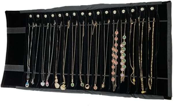 SCIKHEFT Portable Jewelry Roll Untangled Secure Necklace Travel Storage Bag Displays Holder 16 Chain (black PU and velvet) - 9