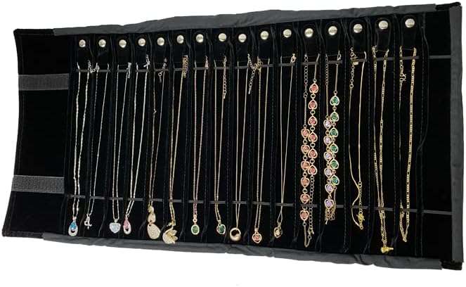 SCIKHEFT Portable Jewelry Roll Untangled Secure Necklace Travel Storage Bag Displays Holder 16 Chain (black PU and velvet) - 9