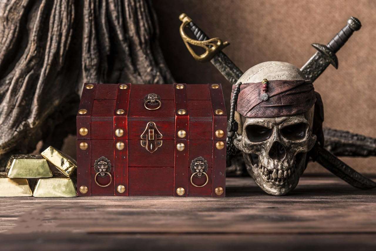 SICOHOME Large Treasure Chest Wooden Pirate Treasure Box Vintage Decorative Keepsake and Jewelry Box Large Trinket Storage Chest Box with Lock - 5